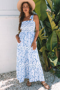 Sky Blue Floral Smocked Tied Straps A-Lined Tiered Maxi Dress | Arrow Boutique | | Arrow Women's Boutique