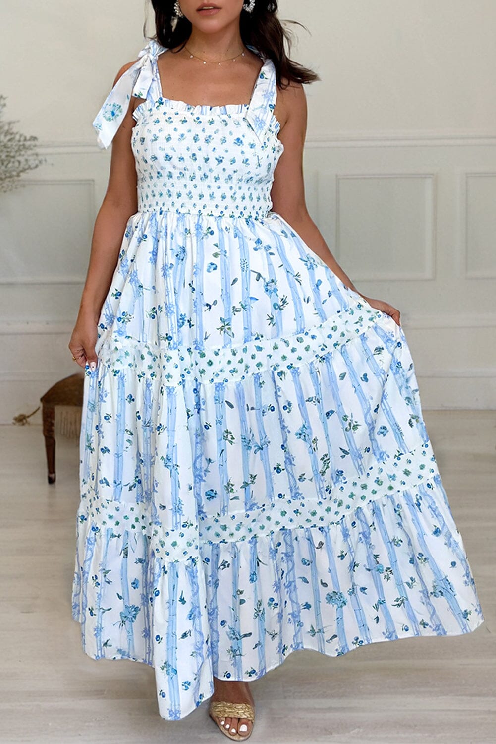 Sky Blue Floral Smocked Tied Straps A-Lined Tiered Maxi Dress Sky Blue / L / 100%Polyester Sky Blue Floral Smocked Tied Straps A-Lined Tiered Maxi Dress Sky Blue / L / 100%Polyester