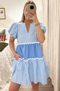 Sky Blue Ric Rac Striped Bubble Sleeve V Neck Dress | Arrow Boutique | | Arrow Women's Boutique