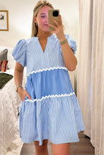 Load image into Gallery viewer, Sky Blue Ric Rac Striped Bubble Sleeve V Neck Dress | Arrow Boutique | | Arrow Women&#39;s Boutique