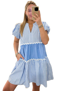 Sky Blue Ric Rac Striped Bubble Sleeve V Neck Dress | Arrow Boutique | | Arrow Women's Boutique