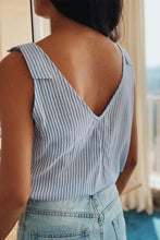 Load image into Gallery viewer, Sky Blue Stripe Scalloped V Neck Buttoned Tank Top | Arrow Boutique | | Arrow Women&#39;s Boutique