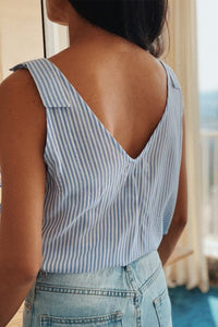 Sky Blue Stripe Scalloped V Neck Buttoned Tank Top | Arrow Boutique | | Arrow Women's Boutique