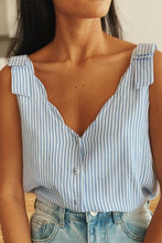 Load image into Gallery viewer, Sky Blue Stripe Scalloped V Neck Buttoned Tank Top | Arrow Boutique | Sky Blue Stripe S 70%Cotton+30%polyester | Arrow Women&#39;s Boutique