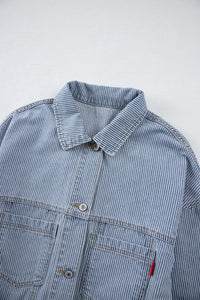 Sky Blue Stripe Washed Oversize Pocketed Denim Jacket | Arrow Boutique | | Arrow Women's Boutique