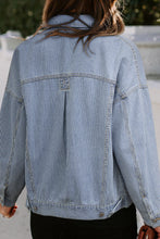 Load image into Gallery viewer, Sky Blue Stripe Washed Oversize Pocketed Denim Jacket | Arrow Boutique | | Arrow Women&#39;s Boutique