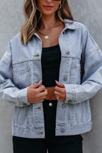 Load image into Gallery viewer, Sky Blue Stripe Washed Oversize Pocketed Denim Jacket | Arrow Boutique | | Arrow Women&#39;s Boutique