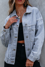 Load image into Gallery viewer, Sky Blue Stripe Washed Oversize Pocketed Denim Jacket | Arrow Boutique | | Arrow Women&#39;s Boutique