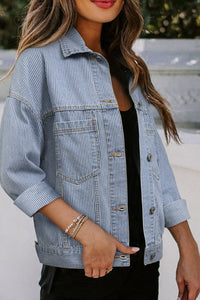 Sky Blue Stripe Washed Oversize Pocketed Denim Jacket | Arrow Boutique | | Arrow Women's Boutique