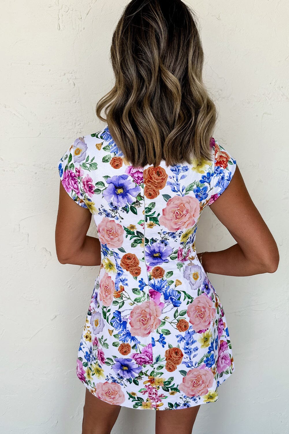 Sky Blue Vibrant Floral Print Cap Sleeve Mini Dress – Arrow Boutique