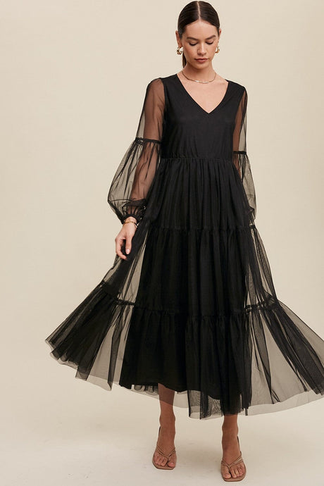 Tiered Mesh V-neck Long Sleeve Maxi Dress | Listicle | | Arrow Women's Boutique
