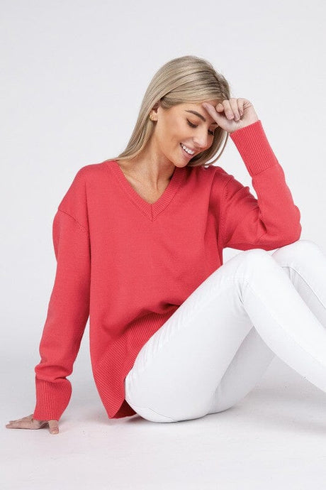 V Neck Soft Sweater | Nuvi Apparel | Cherry Pink S | Arrow Women's Boutique