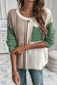 Vineyard Green Colorblock Patched Pocket Drop Shoulder Sweater | Arrow Boutique | | Arrow Women's Boutique