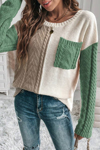 Vineyard Green Colorblock Patched Pocket Drop Shoulder Sweater | Arrow Boutique | | Arrow Women's Boutique