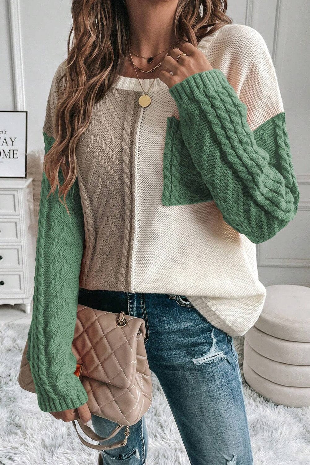 Vineyard Green Colorblock Patched Pocket Drop Shoulder Sweater | Arrow Boutique | Vineyard Green S 65%Acrylic+35%Polyamide | Arrow Women's Boutique