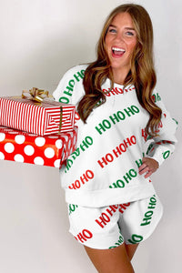 White Christmas HOHOHO Print Drop Shoulder Pullover and Casual Shorts Set | Arrow Boutique | | Arrow Women's Boutique