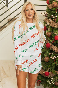 White Christmas HOHOHO Print Drop Shoulder Pullover and Casual Shorts Set | Arrow Boutique | | Arrow Women's Boutique