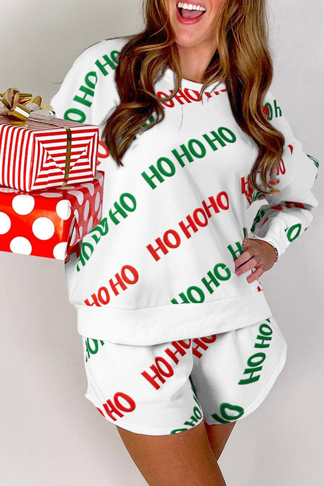 White Christmas HOHOHO Print Drop Shoulder Pullover and Casual Shorts Set | Arrow Boutique | White S 100%Polyester | Arrow Women's Boutique