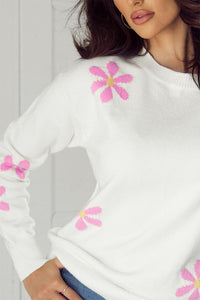 White Flower Pattern Ribbed Edge Elegant Sweater | Arrow Boutique | | Arrow Women's Boutique