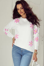 Load image into Gallery viewer, White Flower Pattern Ribbed Edge Elegant Sweater | Arrow Boutique | | Arrow Women&#39;s Boutique