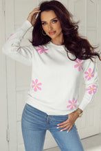 Load image into Gallery viewer, White Flower Pattern Ribbed Edge Elegant Sweater | Arrow Boutique | | Arrow Women&#39;s Boutique