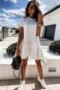 White Frilly Splicing Hem Short Sleeve Casual Dress | Arrow Boutique | | Arrow Women's Boutique