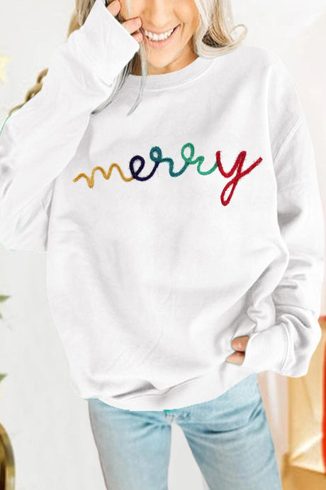 White MERRY Graphic Pullover Sweatshirt | Arrow Boutique | White S 50%Polyester+50%Cotton | Arrow Women's Boutique