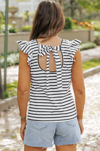 White Stripe Butterfly Sleeve V Neck Hollowed Knot Back T Shirt | Arrow Boutique | | Arrow Women's Boutique