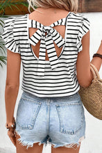 Load image into Gallery viewer, White Stripe Butterfly Sleeve V Neck Hollowed Knot Back T Shirt | Arrow Boutique | | Arrow Women&#39;s Boutique