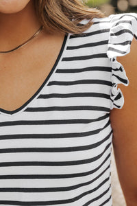 White Stripe Butterfly Sleeve V Neck Hollowed Knot Back T Shirt | Arrow Boutique | | Arrow Women's Boutique
