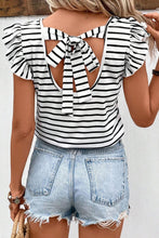 Load image into Gallery viewer, White Stripe Butterfly Sleeve V Neck Hollowed Knot Back T Shirt | Arrow Boutique | White Stripe S 95%Cotton+5%Elastane | Arrow Women&#39;s Boutique