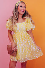 Load image into Gallery viewer, Yellow Boho Flower Jacquard Puff Sleeve Square Neck Mini Dress | Arrow Boutique | | Arrow Women&#39;s Boutique