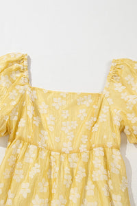 Yellow Boho Flower Jacquard Puff Sleeve Square Neck Mini Dress | Arrow Boutique | | Arrow Women's Boutique