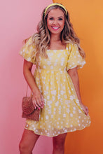 Load image into Gallery viewer, Yellow Boho Flower Jacquard Puff Sleeve Square Neck Mini Dress | Arrow Boutique | | Arrow Women&#39;s Boutique
