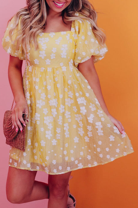 Yellow Boho Flower Jacquard Puff Sleeve Square Neck Mini Dress | Arrow Boutique | Yellow S 100%Polyester | Arrow Women's Boutique