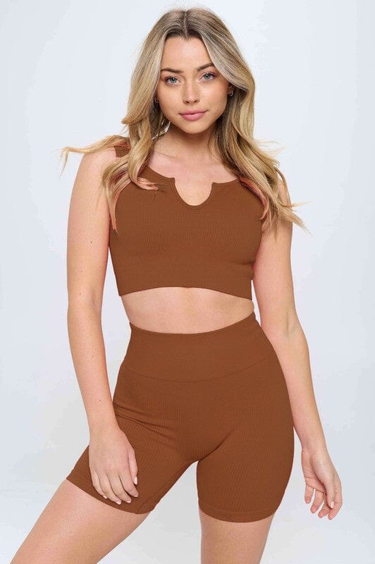 Crop Tan Biker Shorts Set Piece Seamless Ribbed Tank Top Biker