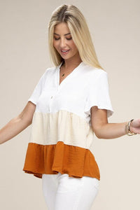 Color Block Notched Neck Blouse | Nuvi Apparel | | Arrow Women's Boutique