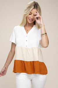 Color Block Notched Neck Blouse | Nuvi Apparel | yellow s | Arrow Women's Boutique