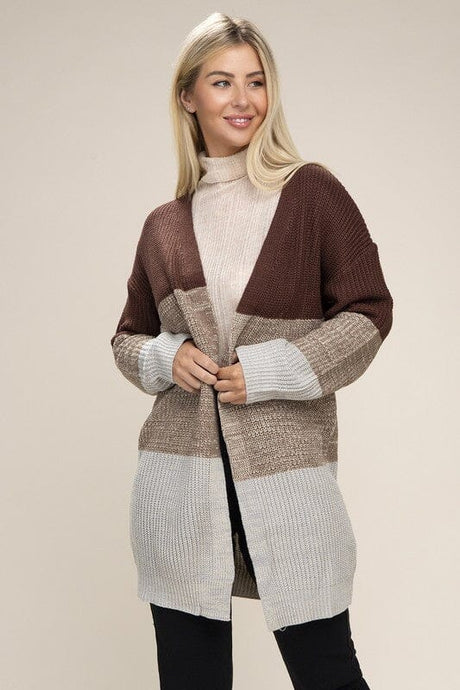 Color Block Open Front Cardigan | Nuvi Apparel | Brown S | Arrow Women's Boutique