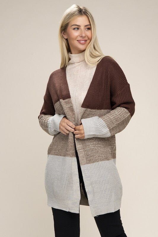 Color Block Open Front Cardigan | Nuvi Apparel | Brown S | Arrow Women's Boutique