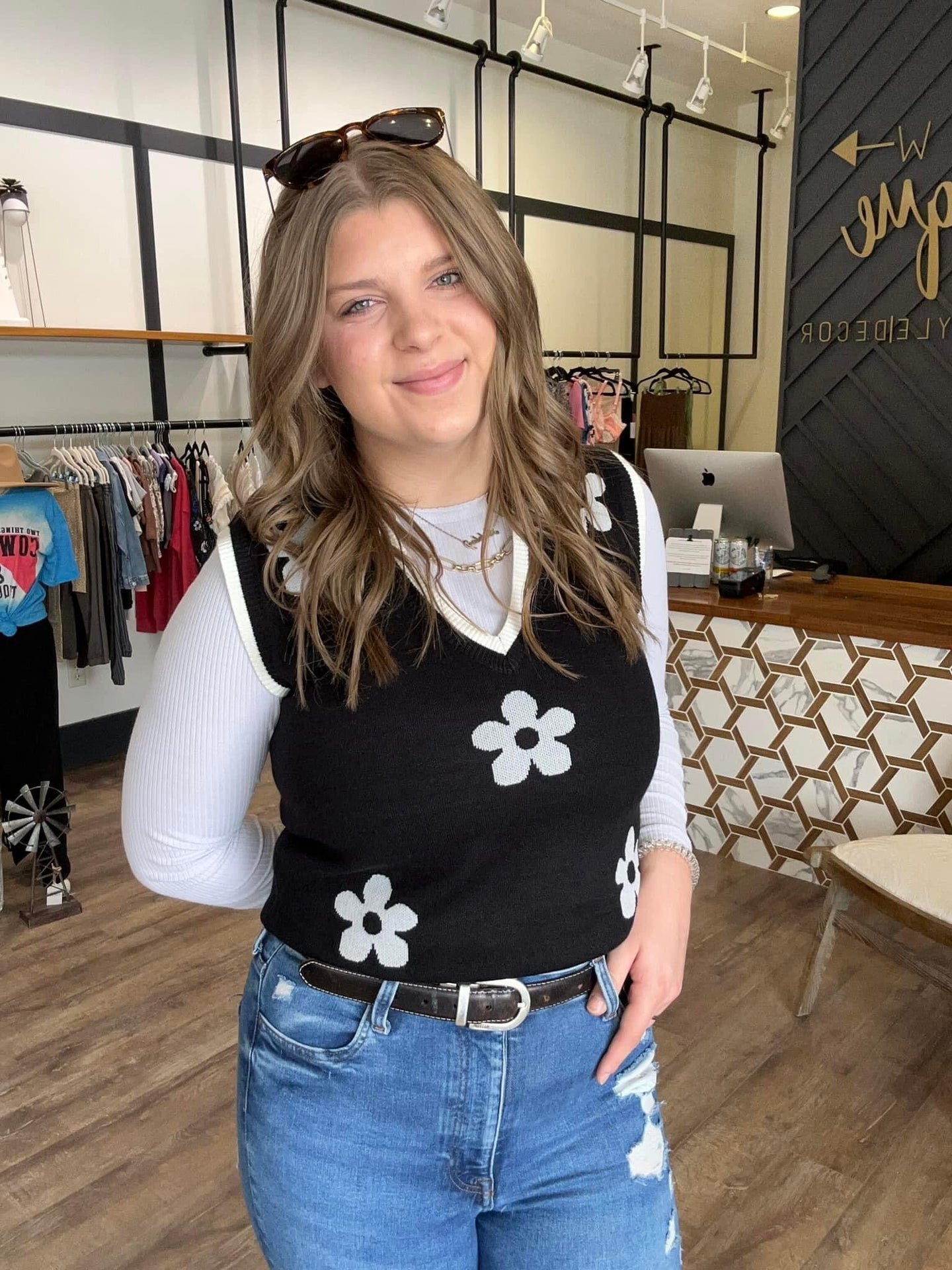 Flower Sweater Vest || Black | Lily Clothing | | Arrow Women's Boutique