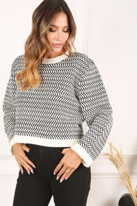 Herringbone pattern crew neck sweater | Lilou | Black S | Arrow Women's Boutique