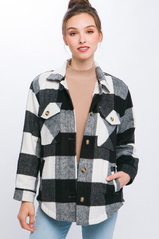 Plaid Button Down Jacket with Front Pocket Detail | Love Tree | BLACK S | Arrow Women's Boutique