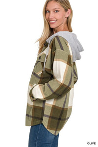 Plaid Drawstring Hooded Fleece Shacket | ZENANA | | Arrow Women's Boutique