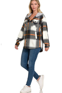 Plaid Drawstring Hooded Fleece Shacket | ZENANA | | Arrow Women's Boutique