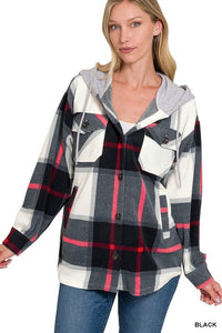 Plaid Drawstring Hooded Fleece Shacket | ZENANA | | Arrow Women's Boutique