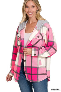 Plaid Drawstring Hooded Fleece Shacket | ZENANA | | Arrow Women's Boutique