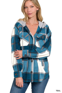 Plaid Drawstring Hooded Fleece Shacket | ZENANA | | Arrow Women's Boutique