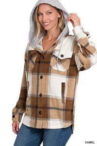 Plaid Drawstring Hooded Fleece Shacket | ZENANA | CAMEL S | Arrow Women's Boutique