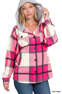 Plaid Drawstring Hooded Fleece Shacket | ZENANA | HOT PINK S | Arrow Women's Boutique